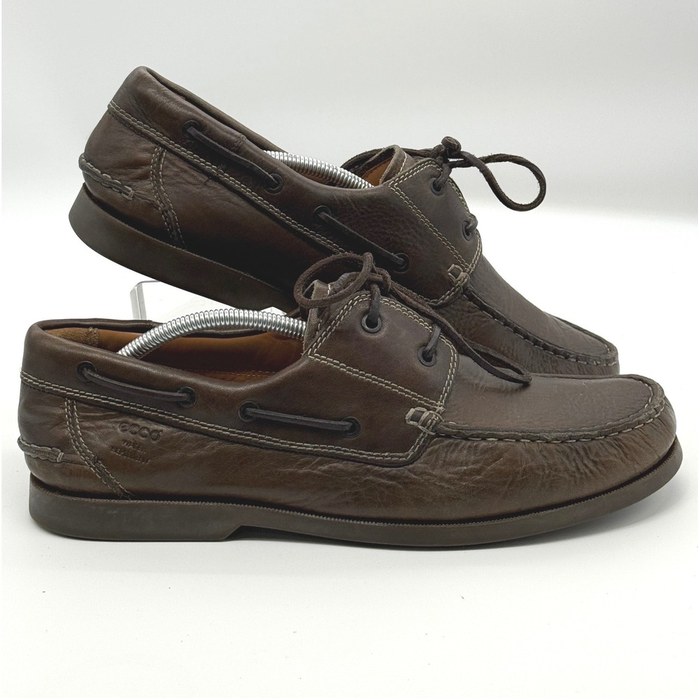 Ecco Boat Shoes Mens 46 Brown Leather Water Repellent Handsewn Loafers Casual